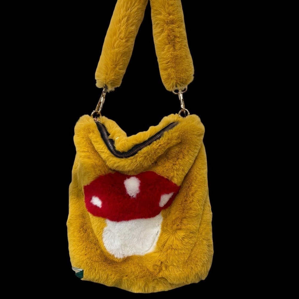 NWT Dolls Kill Mushroom Faux Fur Tote Bag Yellow Plush Shoulder Purse - Picture 6 of 6